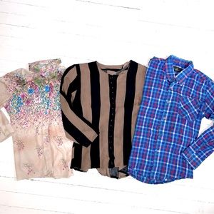 3 Vintage 70s/80s Shirts, Floral Border Print, Plaid, Stripe size xs small
